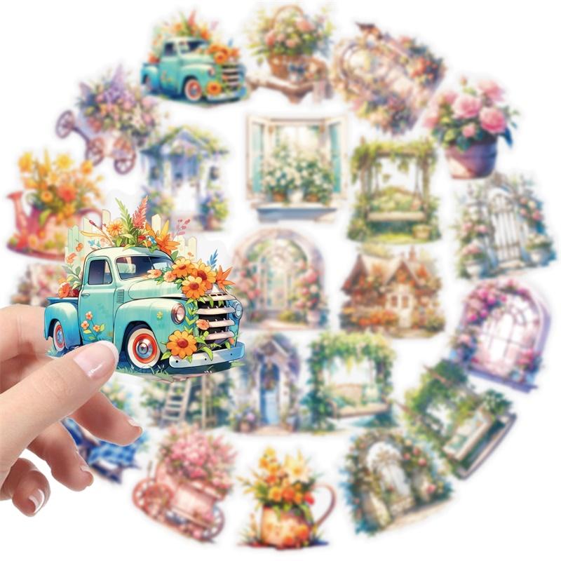 56PCS Kawaii Flower House PET Sticker Aesthetic Decoration Scrapbooking Stationery DIY Hand Accounting Supplies for Kids
