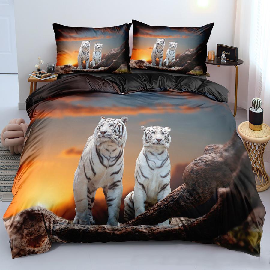 Lion Tiger King Queen Duvet Cover Lovely Wild Animals Bedding Set For Kids Teens Adults Wildlife Grey Black 2/3pcs Quilt Cover