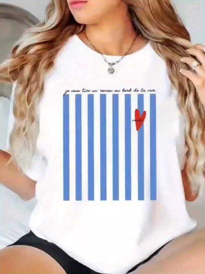 Light Blue Striped Pattern Printed Summer T-shirt for Women Round Neck Short Sleeved Casual Women's T-shirt Clothing