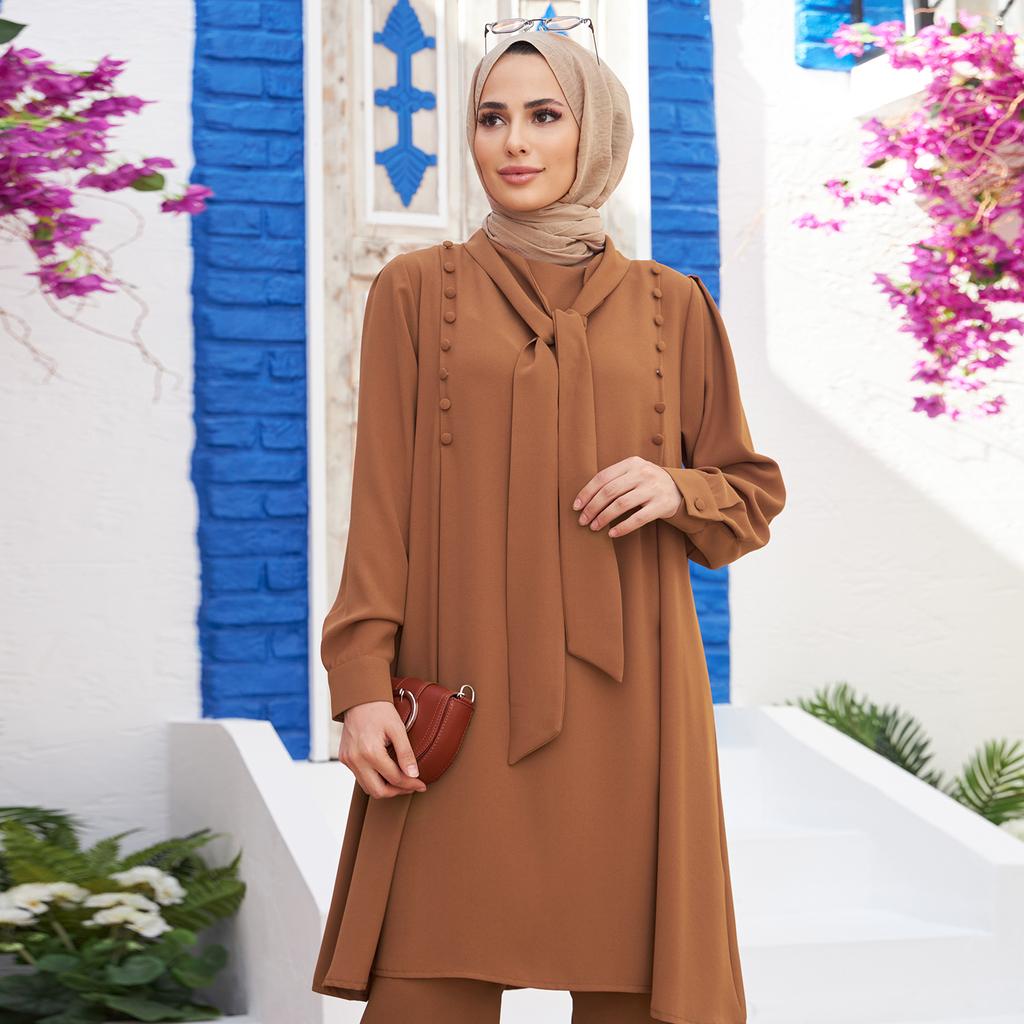 Foulard Collar Women Tunic Pants Double Suit Combine Islamic Muslim Casual Fashion Loose Summer Summer New Season Turkey