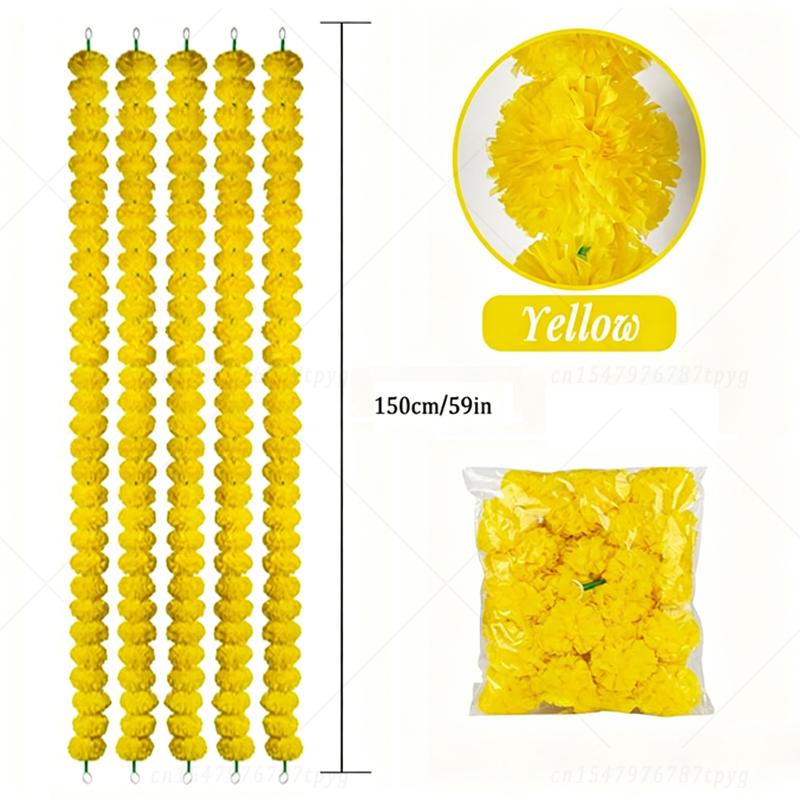 5‑40Pcs Marigold Flowers Garland for Decor 5Ft Artificial Marigold Flowers Wreath for Diwali Pooja Day of Dead Wedding Party