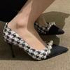 Fashion Fashion Pearls Decoration High Heels Shoes Women Plaid Thin Heels Party Pumps for Woman Spring Autumn Pointed Toe Pumps Female