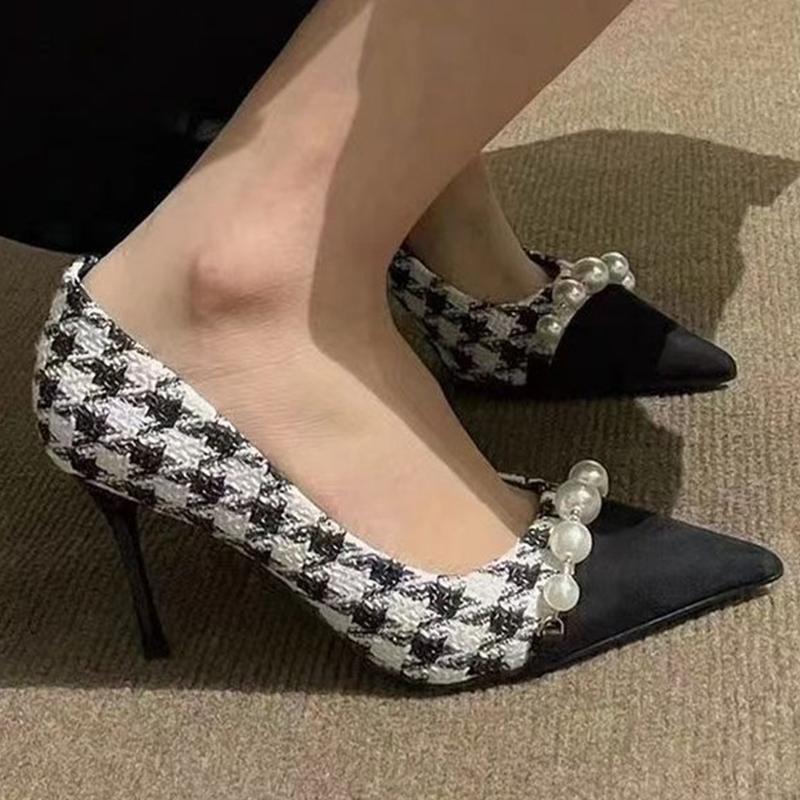 Fashion Fashion Pearls Decoration High Heels Shoes Women Plaid Thin Heels Party Pumps for Woman Spring Autumn Pointed Toe Pumps Female