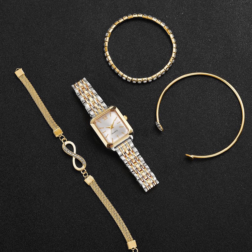 Xiaomi 4PCS Elegant Women Rectangle Roma Dial Wristwatch Fashion Alloy Strap Quartz Watch With Diamond Bracelets Set (Without Box)