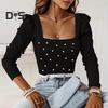 Women Spring Top Low Cut Square Neck Solid Color Slim Fit Elastic Thread Beaded Long Sleeve Bubble Sleeve Lady Commute Blouse