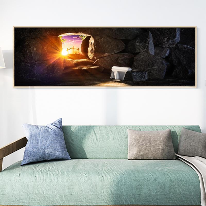 Иисус Христос три деревянных креста Холст Картина Восход солнца с облаками и звездным небом Плакаты для Спальня Декор в гостиную