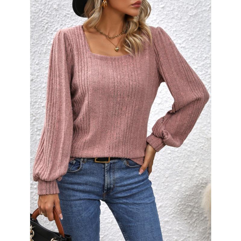 Spring and Autumn Women's Blouse Pit Stripe Brushed Square Neck Fashion Lantern Sleeve Long Sleeve Top