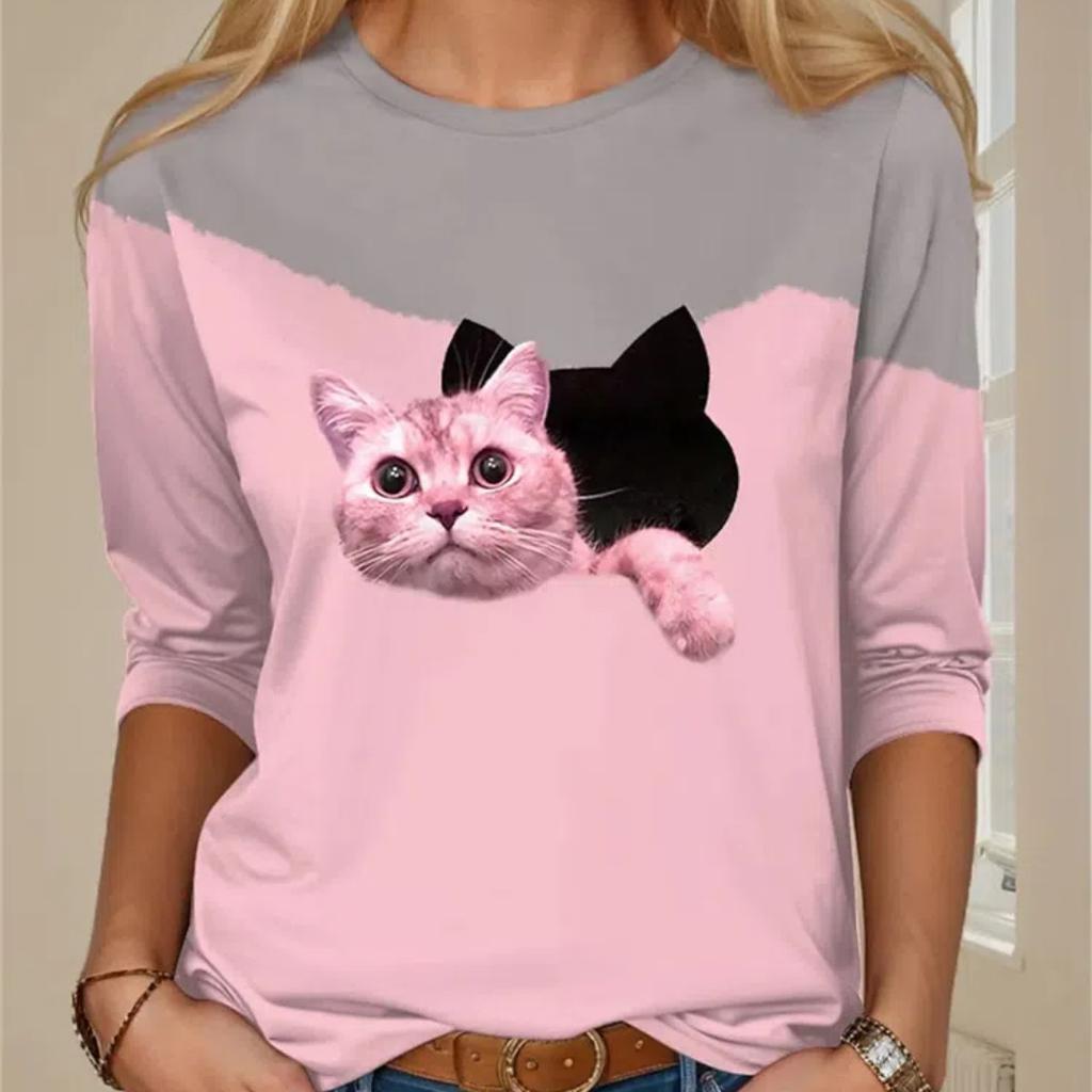 Contrast Color Classic Black White Cat Print T Shirt Women Cute Fashion Long Sleeve Tops Oversized Casual Streetwear Loose Shirt
