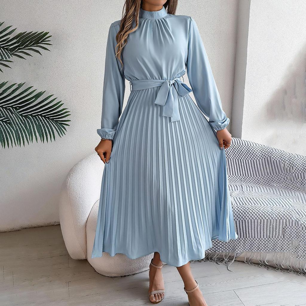 Women's Long Sleeve Maxi Dress Stand Collar High Waist A-Line Dress Loose Solid Color Pleated Long Dress