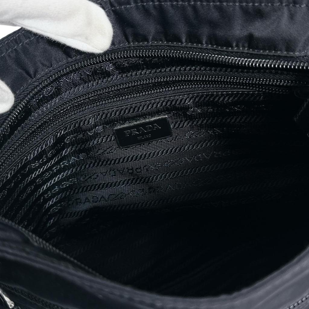 PRADA Diagonally hung Triangle logo Shoulder Bag Nylon black unisex Used