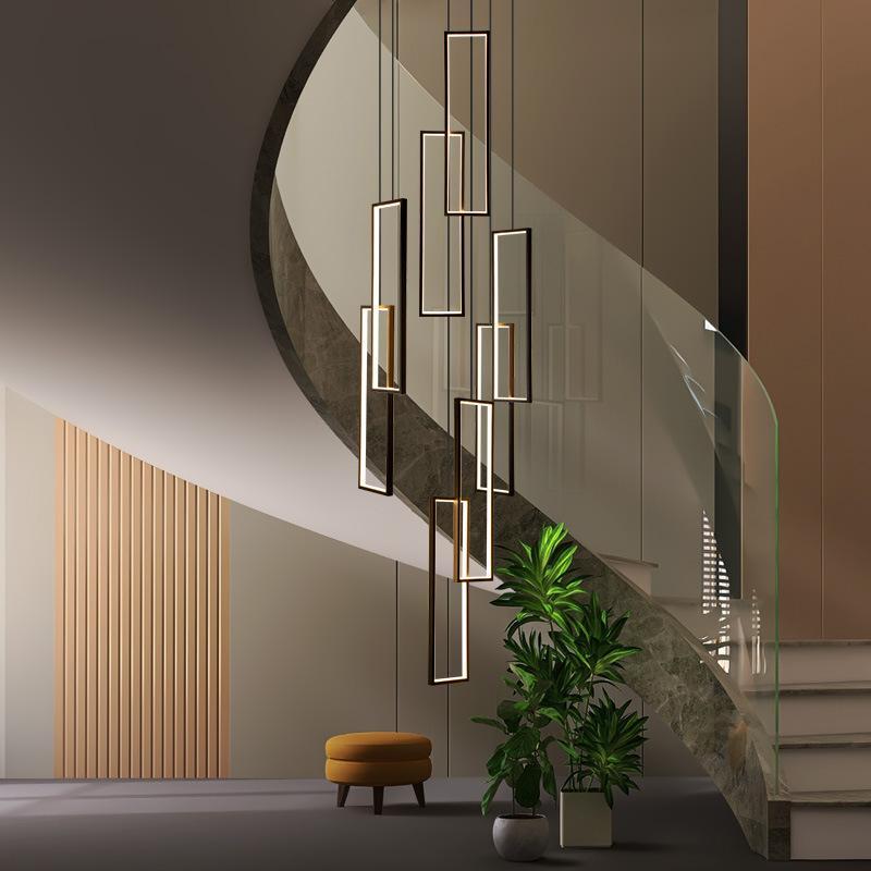 Modern LED Stair Long Chandelier Geometry Villa Duplex Pendant Lamps Luster Luxury Loft Living Room Hanging Light Fixture
