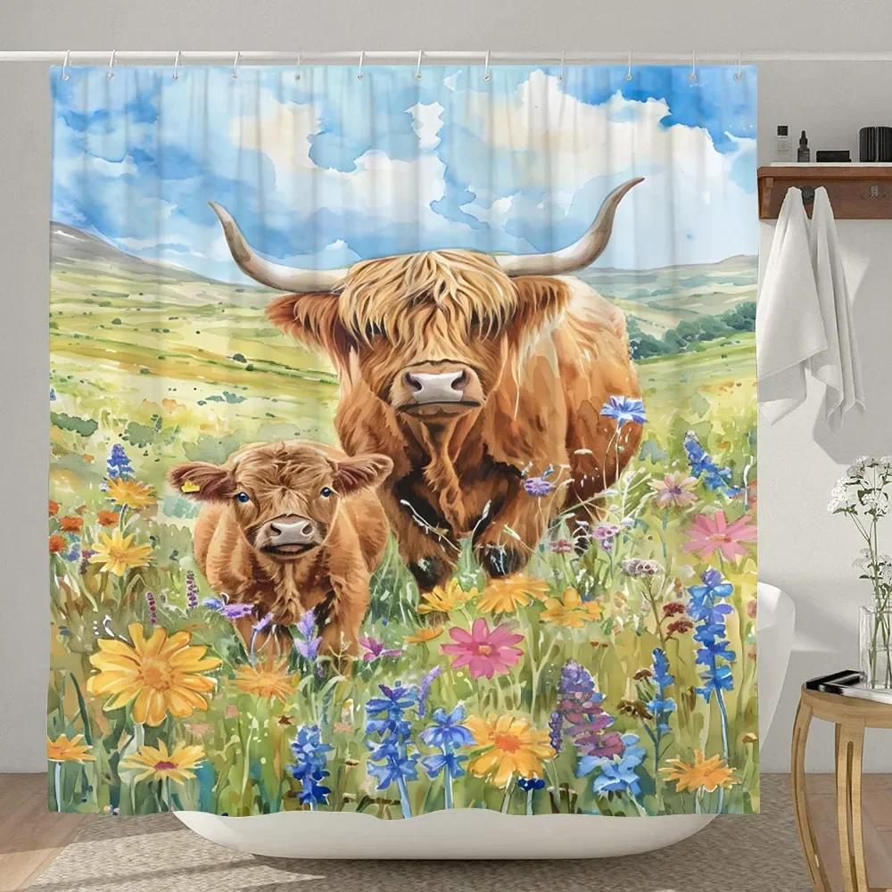 Смешная шторка для душа с хайлендской коровой, деревенская, с мультяшным животным, детская занавеска для ванной, полиэстеровая ткань, домашний декор для ванной