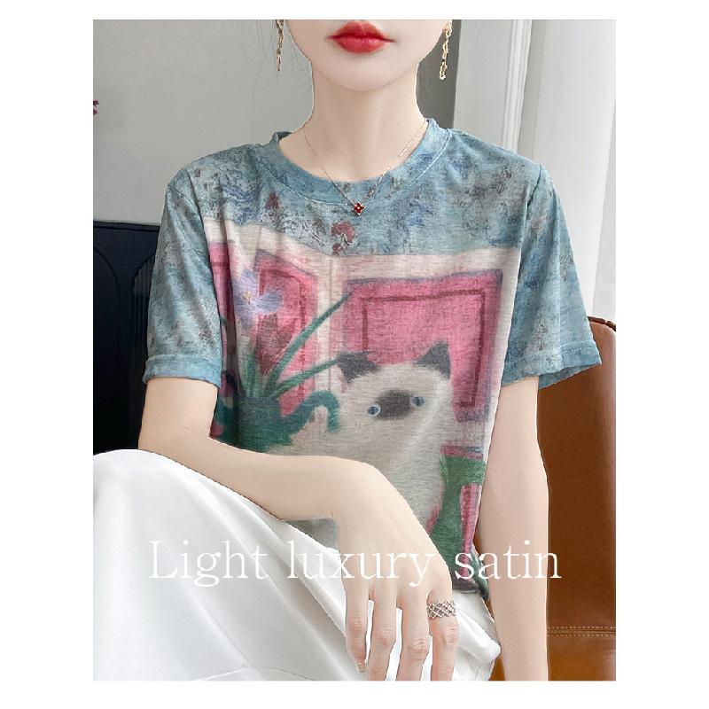 2026 Summer New Women's Round Neck Loose Tie-Dye Cartoon Cat Print Short Sleeve T-Shirt Top