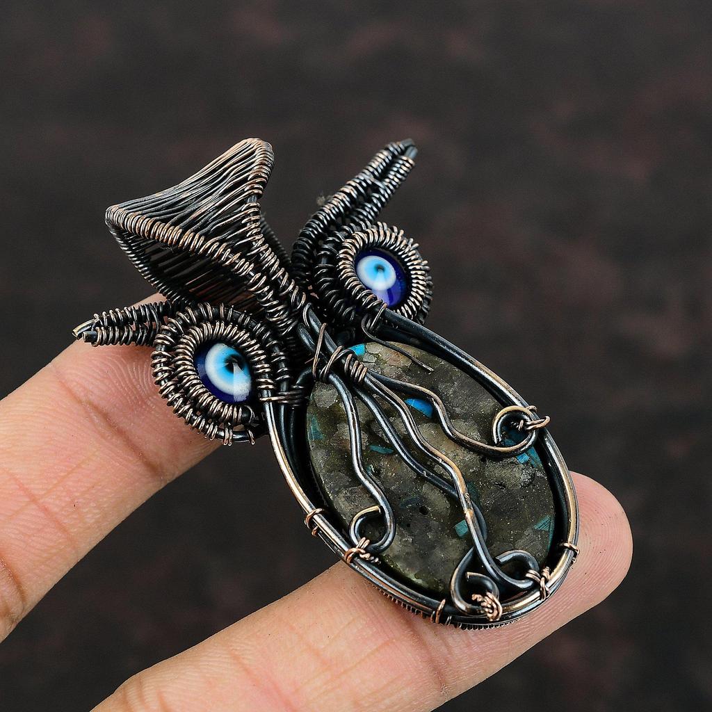 Кулон из розового опала и медной бирюзы, синий цвет, кулон сглаза, кулон, обмотанный медной проволокой, кулон с драгоценным камнем, кулон в виде совы, украшения из медной проволоки ручной работы