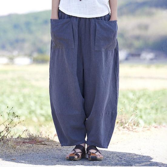 Женские брюки-шаровары, широкие однотонные длинные брюки с карманами, эластичный пояс, свободные повседневные брюки для путешествий