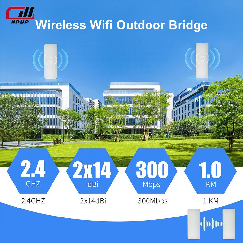 NDUP Outdoor WiFi Bridge — 2,4 ГГц, 300 Мбит/с, две антенны 14 дБи, дальность действия 1 км, идеально подходит для расширения беспроводной сети (Набор из 2)!