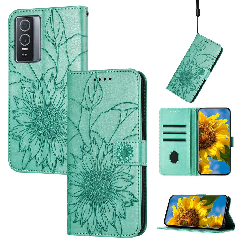 Защитный чехол из искусственной кожи с тиснением подсолнуха, держатель для магнитных карт, подставка, ремешок на запястье, флип-чехол для Vivo Y21 Y33S Y02S Y16 Y35 Y22S Y76