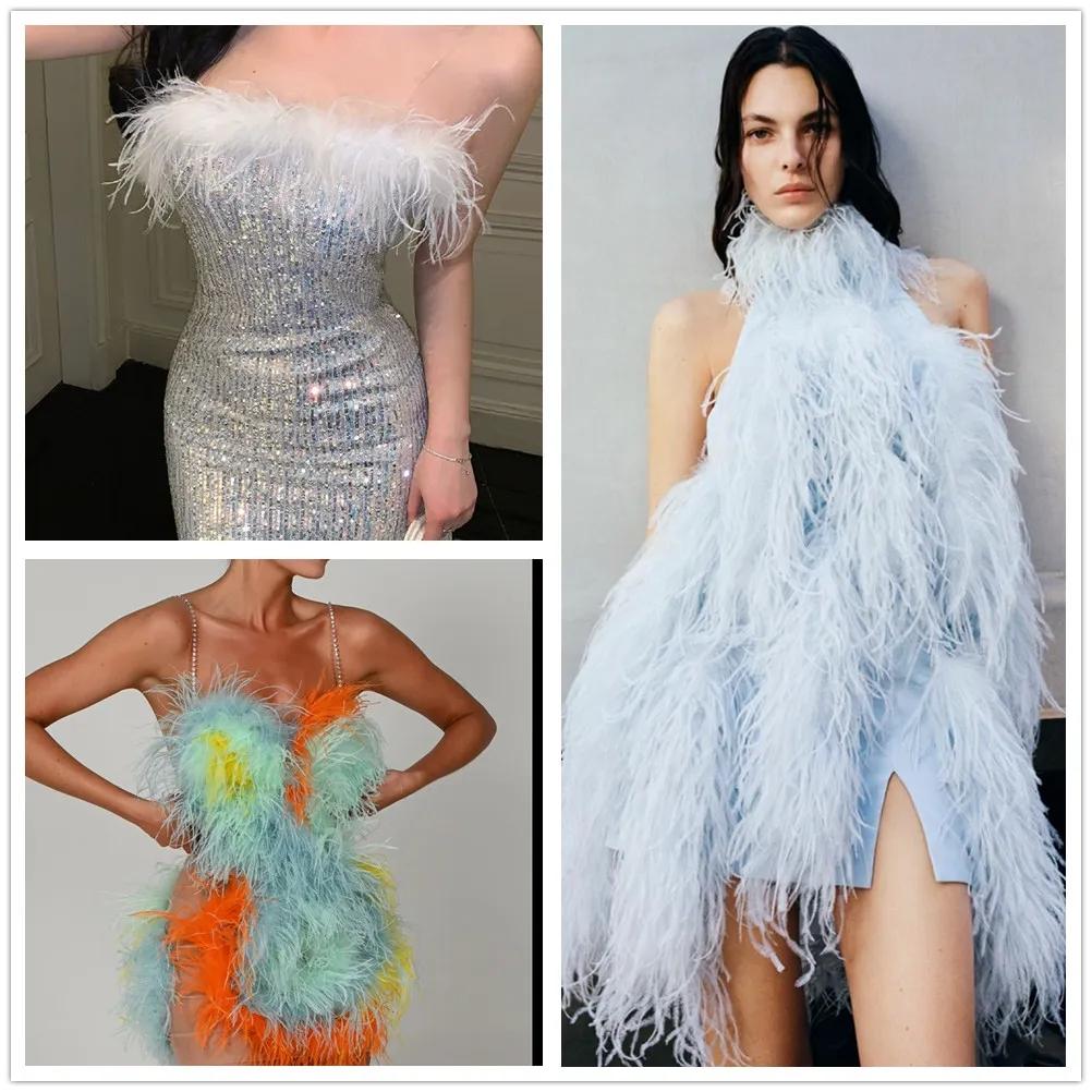 Перо 1 метр Пушистое Синее Страусиные Перья Отделка Бахрома 8-10 см Свадебное Украшение Лента из Перьев для Вечеринки Одежды Шитье Перья Поделки