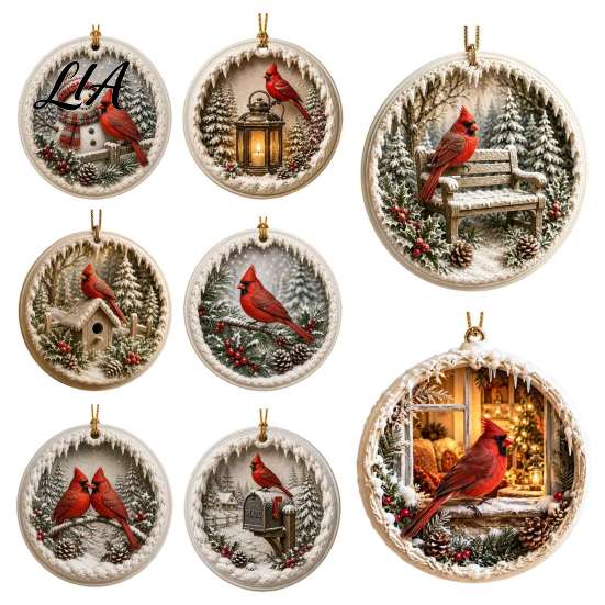 Winter Window Ornaments Acrylic Christmas Red Bird Ornament, Snow Scene Pattern Xmas Tree Lightweight Decor Hanging Decor, Retro Round Pendant