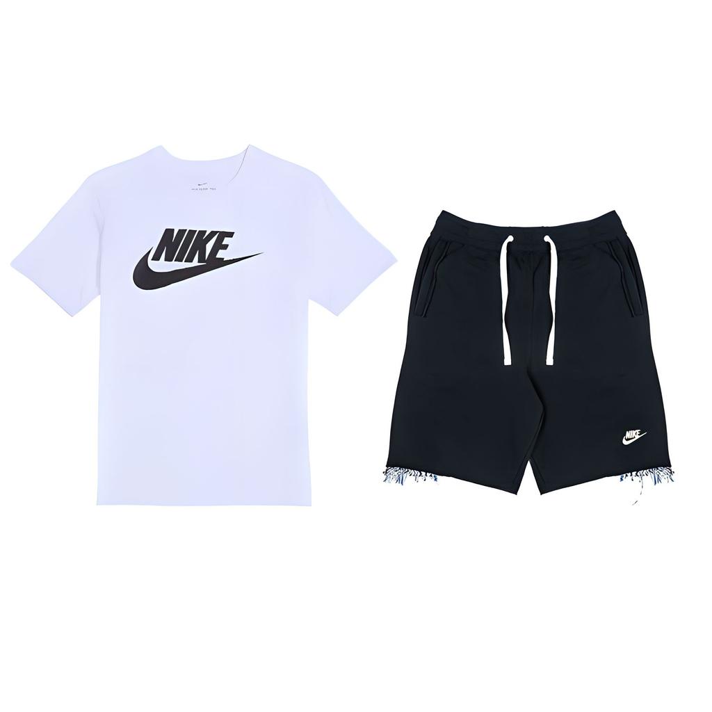 Nike Пуловер с круглым вырезом и логотипом, короткий рукав, завязка на талии, шорты средней посадки, повседневный спортивный комплект, мужские комплекты AR5005-101+DX0767-010