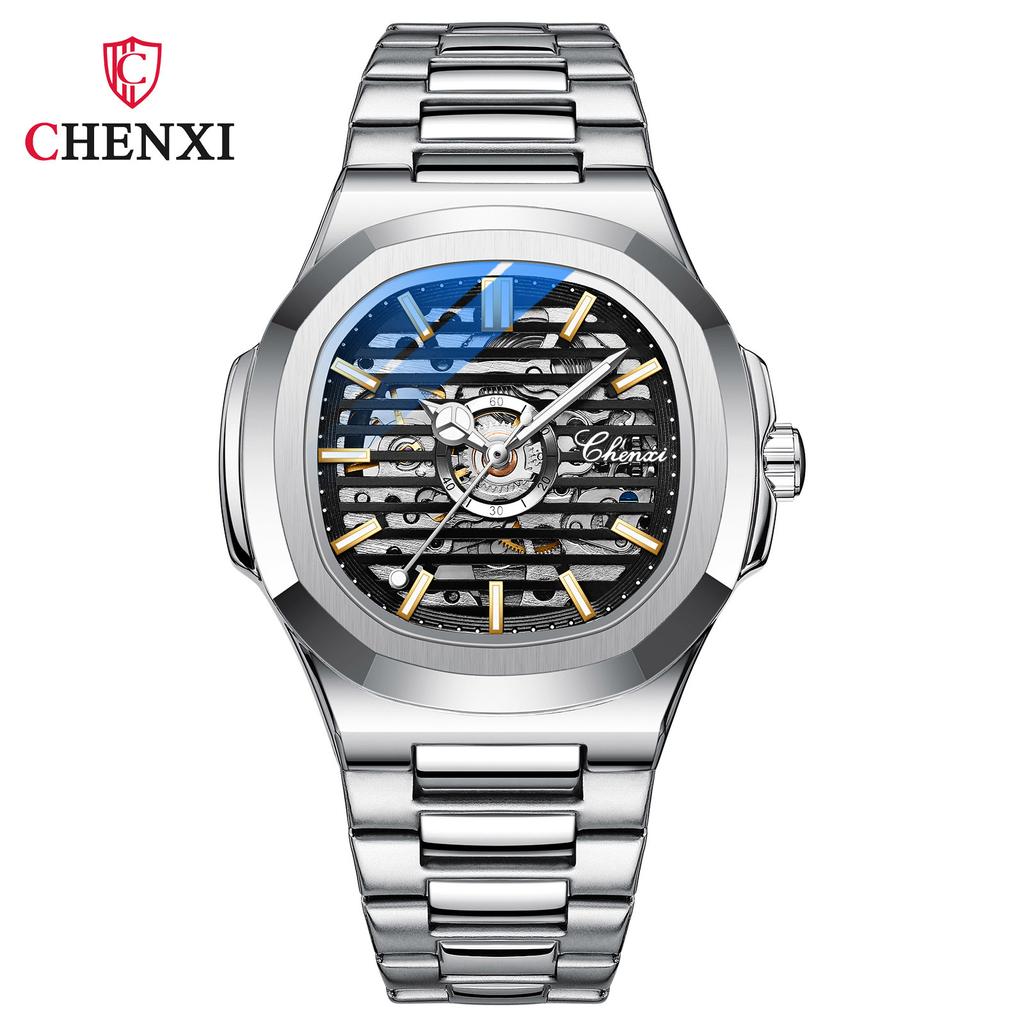 Blue Color Square Automatic Mechanical Watch Men Stainless Steel Classic Casual Luminous Pointer Selfwind CHENXI Brand Watches