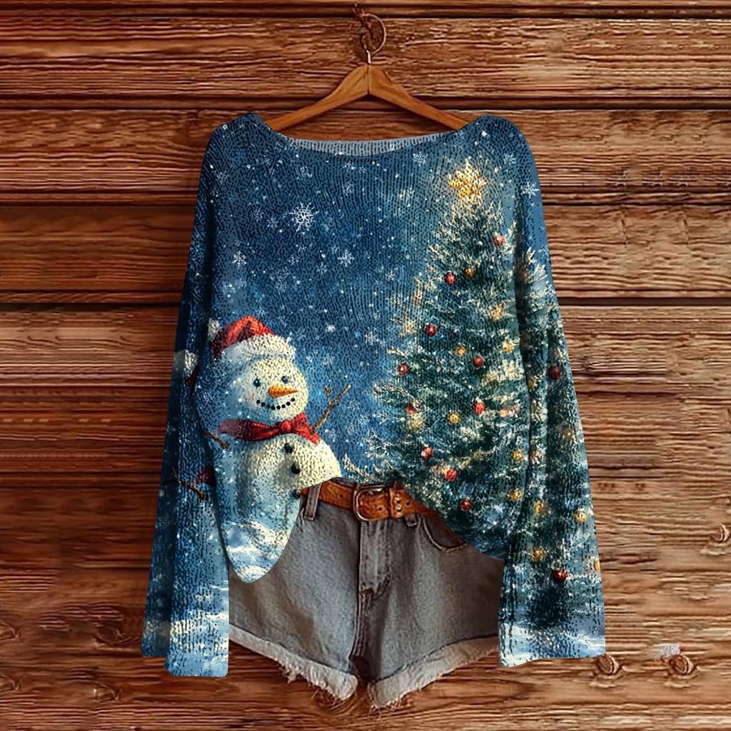 Women's Christmas Print Lightweight Sweater Casual Long Sleeve Knitted Pullover