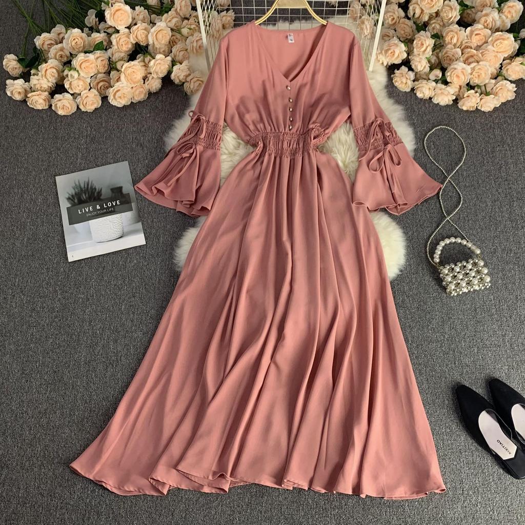 Длинное платье весна-осень для женщин, элегантное, с V-образным вырезом, расклешенными рукавами и высокой талией, праздничное, пляжное, макси-платье