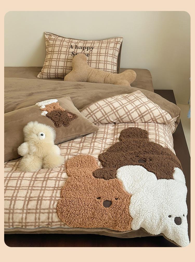 Autumn and Winter Cartoon Premium Embroidered Warm Thick Milk Velvet Four Piece Set