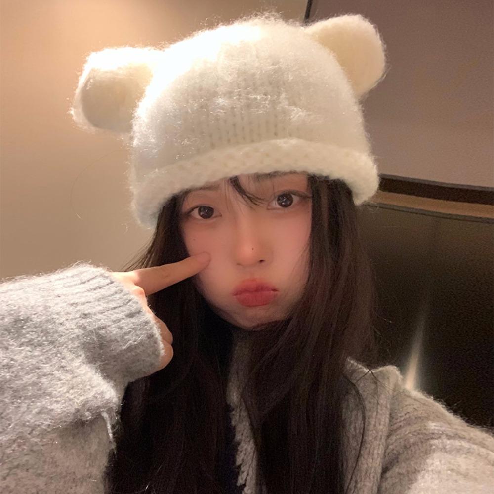 Y2K Knitted Pullover Hat Fluffy Brimless Beanie Cap Fashion Bear Ear Woolen Hat Keep Warm