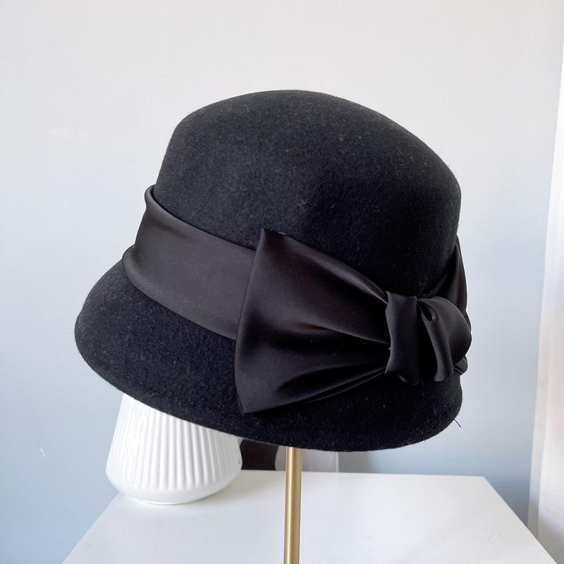 202308-2508937 Japan Ins Dropshipping Winter Wool Felt Hepburn Grace Bowknot Ribbon Lady Bucket Cap Women Leisure Fishermen Hat