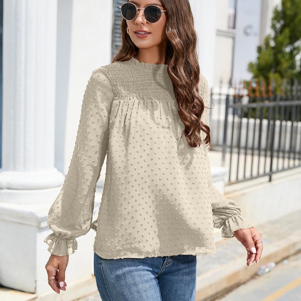 GMXIA Женские модные повседневные осенне-зимние однотонные блузки и рубашки с длинным рукавом и высоким воротом с принтом