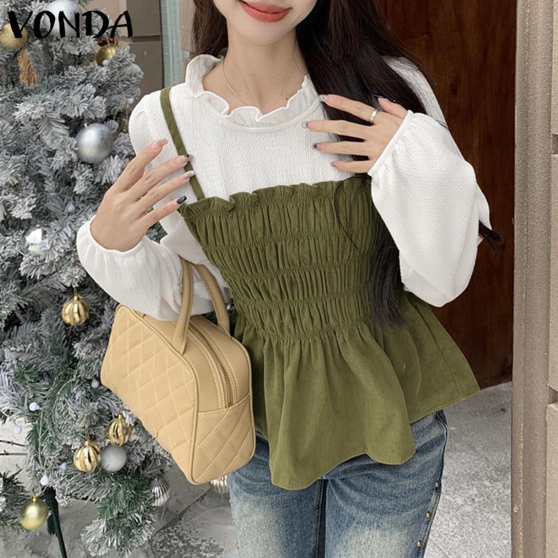 VONDA Women Stand Ruffled Neck Long Sleeve Patchwork Smocking Fake Two Pieces Blouse