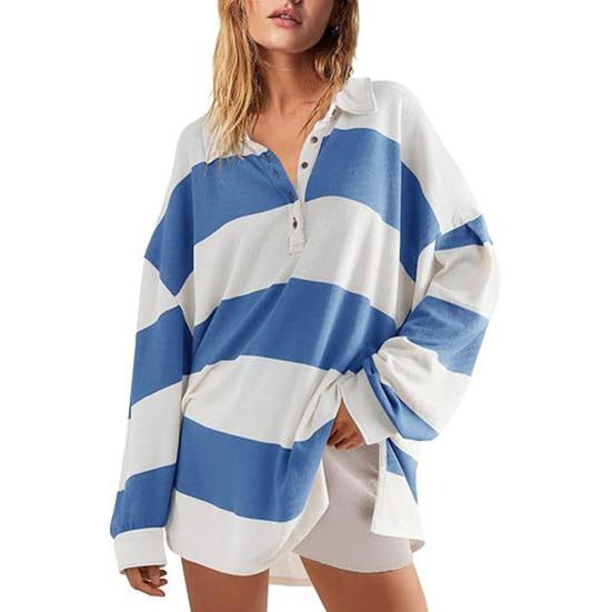 Yousheng Женская толстовка с цветными блоками, полосатым отложным воротником, длинными рукавами, пуговицами, свободным пуловером, повседневная домашняя одежда, спортивная одежда