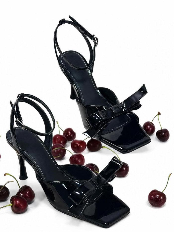 In The Balcony Seli Patent Black Square Strap Mary Jane Sandals Heels