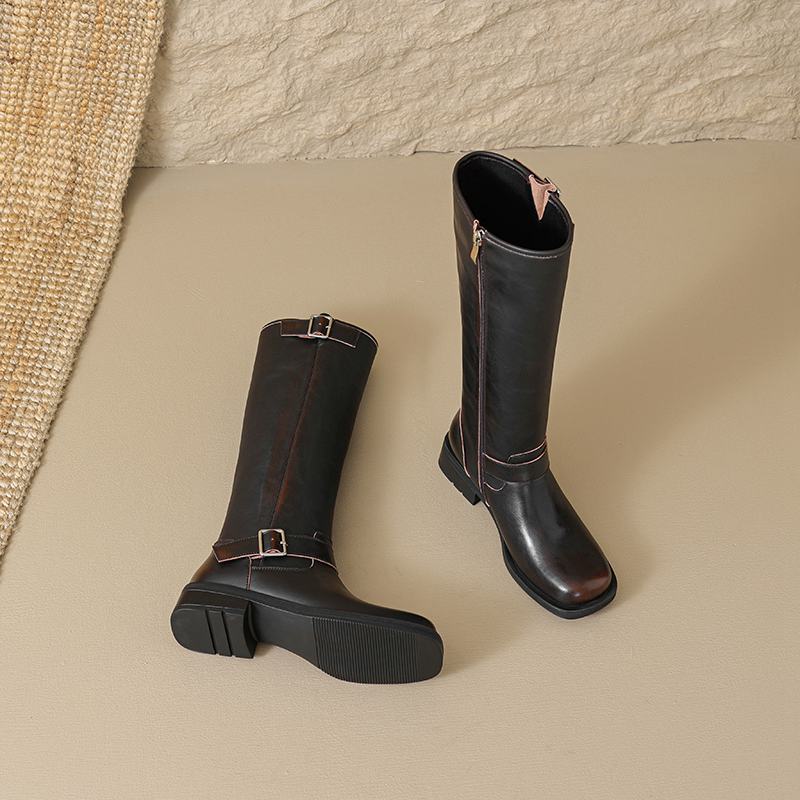 Krazing Pot Cow Skin Square Toe Winter Med Heels Riding Boots Punk Design Women Vintage Square Buckle Thigh High Boots