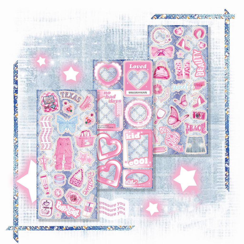 3 шт. Y2K винтажные джинсовые милые блестящие наклейки из материала Blingbling Kawaii Girl Scrapbook Notebook Kpop фотокарта DIY Decor