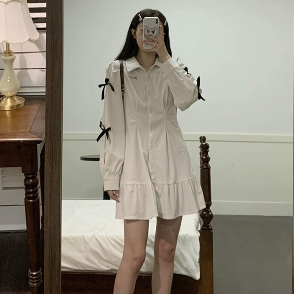 Корейское модное мини-платье Kawaii, женские белые платья в стиле Харадзюку с длинными рукавами, повседневная осенняя одежда, корейская одежда, уличная одежда