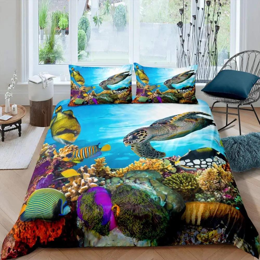 2/3pcs Fish Duvet Cover Set Ocean Bedding Sets 3D Printed Underwater World With Shark Dolphin Coral Reef Pattern Quilt Cover Set