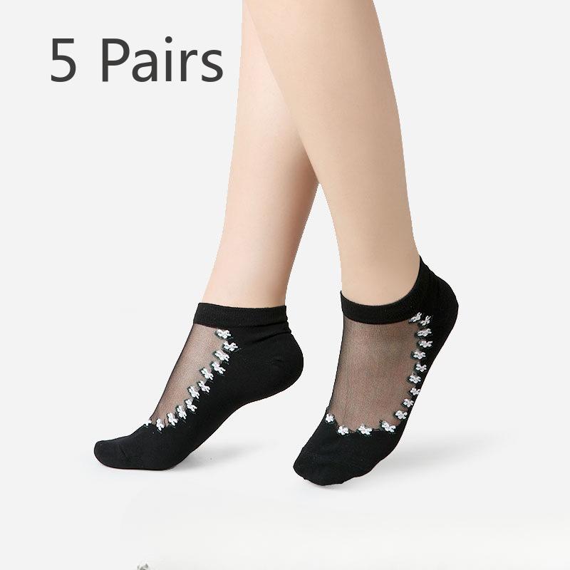 5 Pairs of Women's Summer Embroidered Non Slip Cotton Bottom Glass Silk Socks