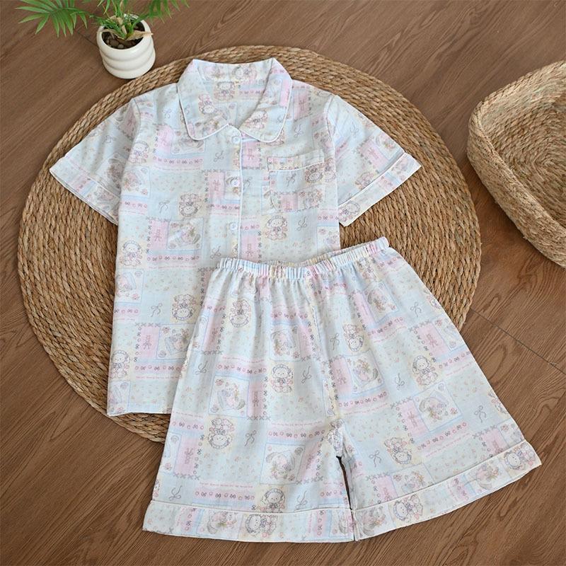 Summer Cotton Gauze Pajama Set Short Sleeve Shorts/Long Pants Breathable Thin Lapel Cartoon Loungewear
