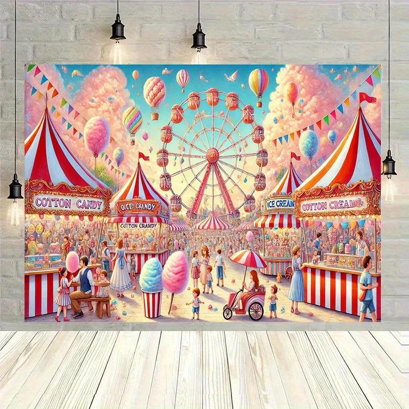 2D flat banner, 1 piece - Large amusement park party backdrop - Retro carnival decoration with Ferris wheelDJH