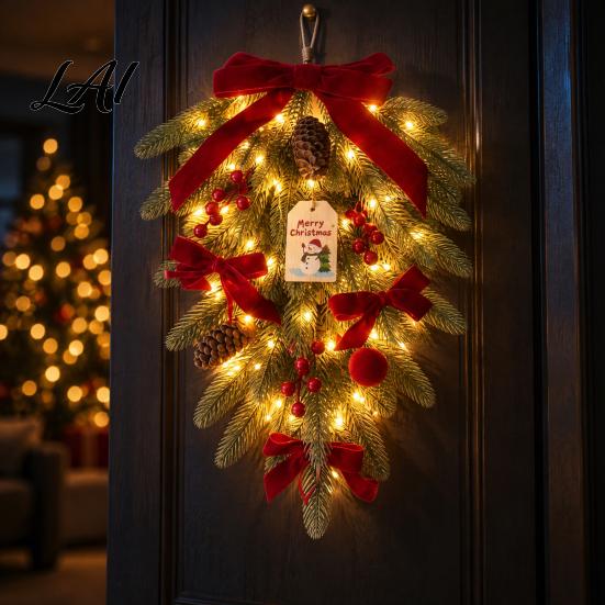 Commercial Christmas Mall Decor Teardrop Swag with LED Lights Artificial PE Pine Hanging Decoration Upside Down Door Ornaments Red Bow Pinecones