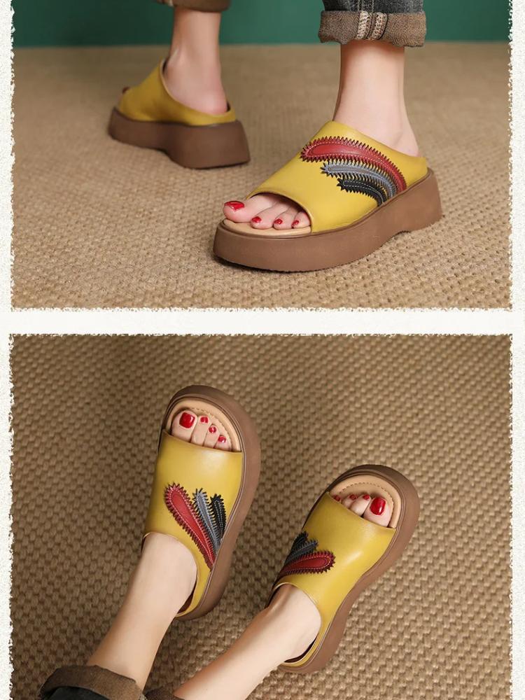 Johnature Тапочки для улицы в стиле ретро с открытым носком и толстой подошвой из натуральной кожи, повседневные женские туфли на танкетке с мягкой подошвой