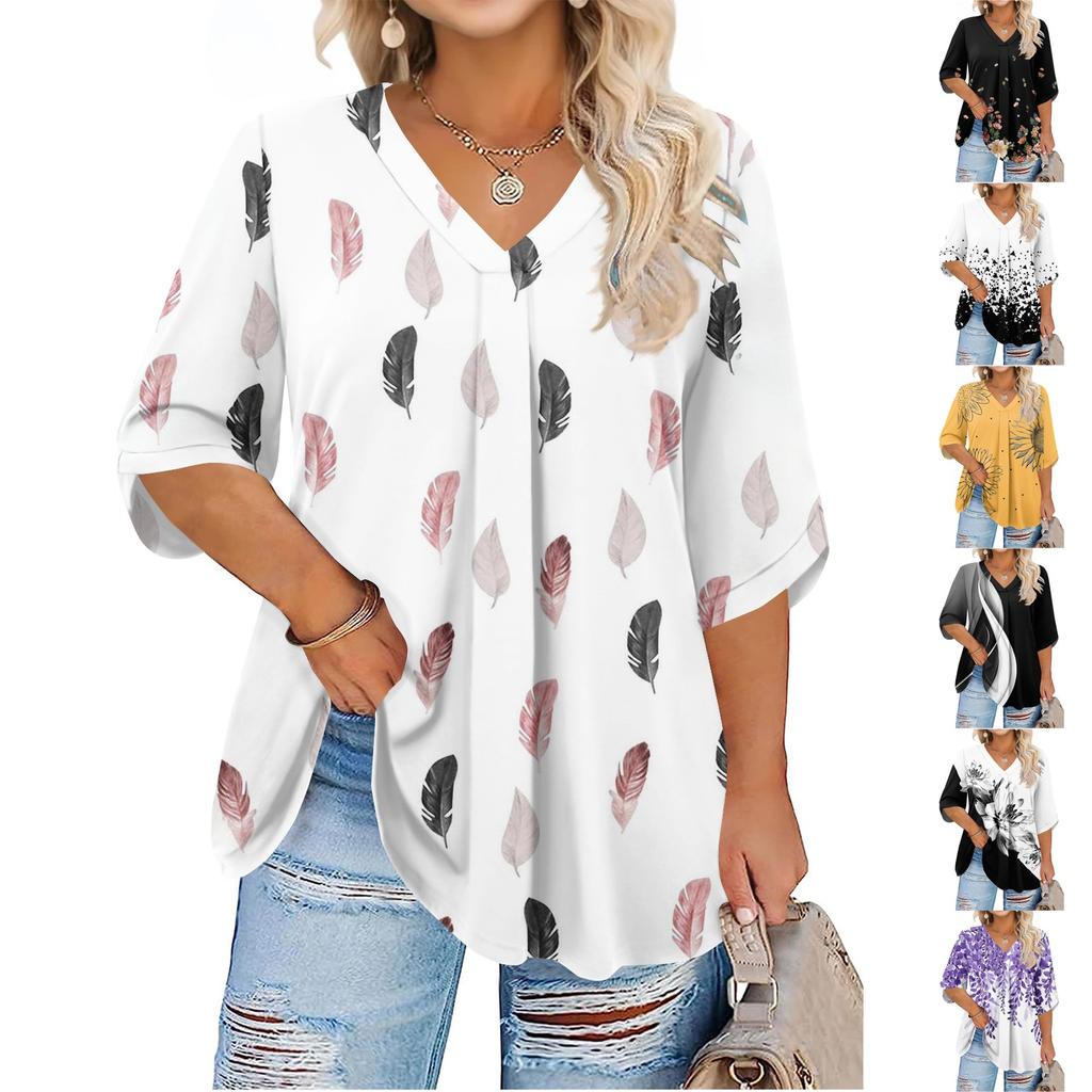 Women's Fashion Large Size Printed V-Neck Three-quarter Sleeve Top