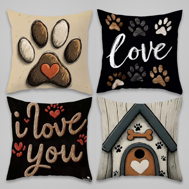 Set of 4 Adorable Throw Pillows Featuring Paw Prints, Designed in a Heart Shape, Ideal for Living Spaces And Pet Areas to Create a Warm Ambiance. Made