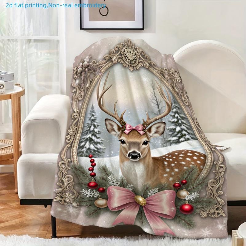 1pc Christmas Reindeer Print Blanket, Holiday Decoration, Multiple Sizes Available, Autumn Thanksgiving Christmas Nap Blanket, Suitable for Living Roo