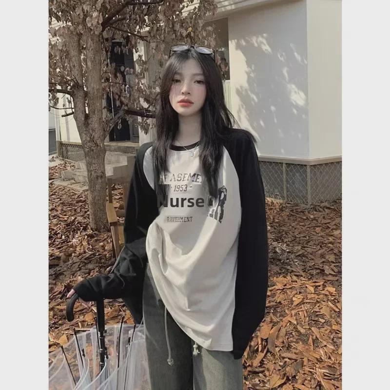 Women's Loose Long-Sleeve T-Shirt, 2023 Korean Style, Raglan Sleeves, Spliced Design, Versatile, Large Size, Medium To Long Length.