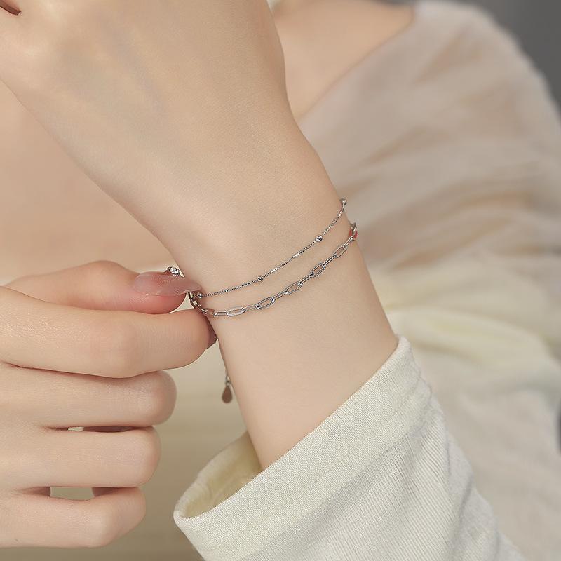 925 Silver Electroplated Double-layer Chain Bracelet Ins Niche Jewelry Women High-end Minimalist Geometric Bead Fashion