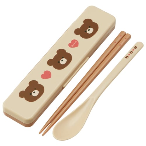 Skater Chopsticks and Spoon Combo Set, 18cm, Antibacterial, Bento Box, Adult Size, Silent Silicone Cushion, Made In Japan, Pompon's Bear CCS3SAAG-A