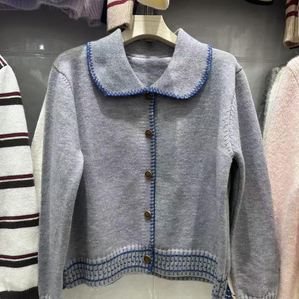 Женский кардиган в корейском милом стиле с цветными блоками - отложной воротник, приталенный, однобортный вязаный свитер на весну/осень